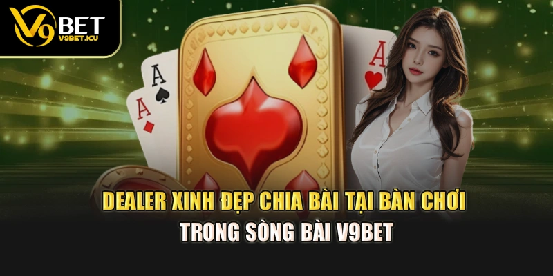 Dealer xinh đẹp chia bài tại bàn chơi trong sòng bài V9BET